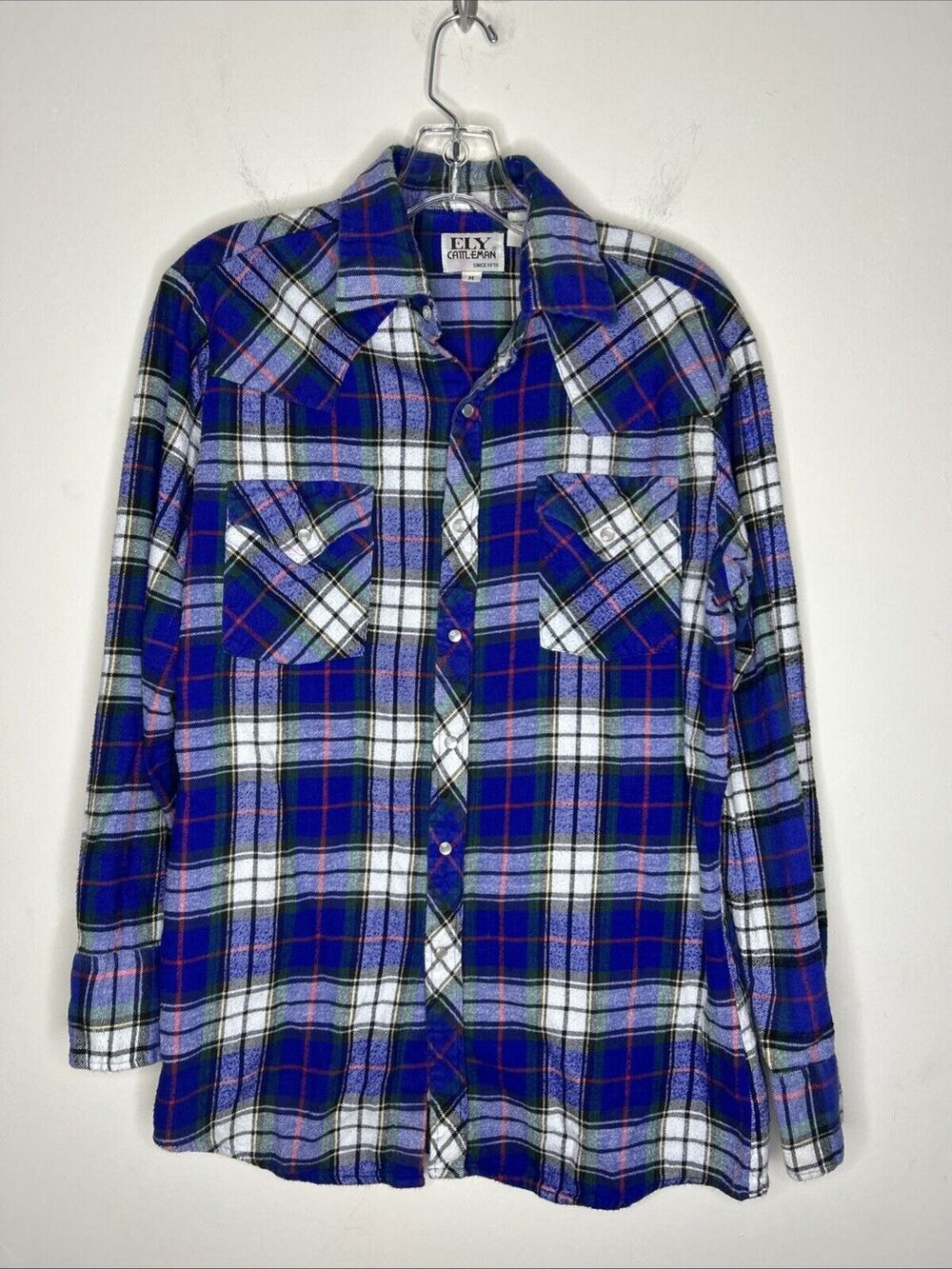 Vintage Ely Cattleman Men’s Flannel Plaid Pearl Snap Shirt Cowboy Long Sleeve